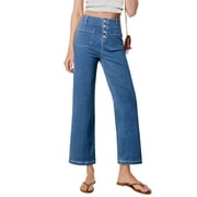 Blibea Women's Wide Leg Jeans Stretchy Casual Baggy Straight Leg Jeans High Waisted Buttoned Fashion Denim Pants